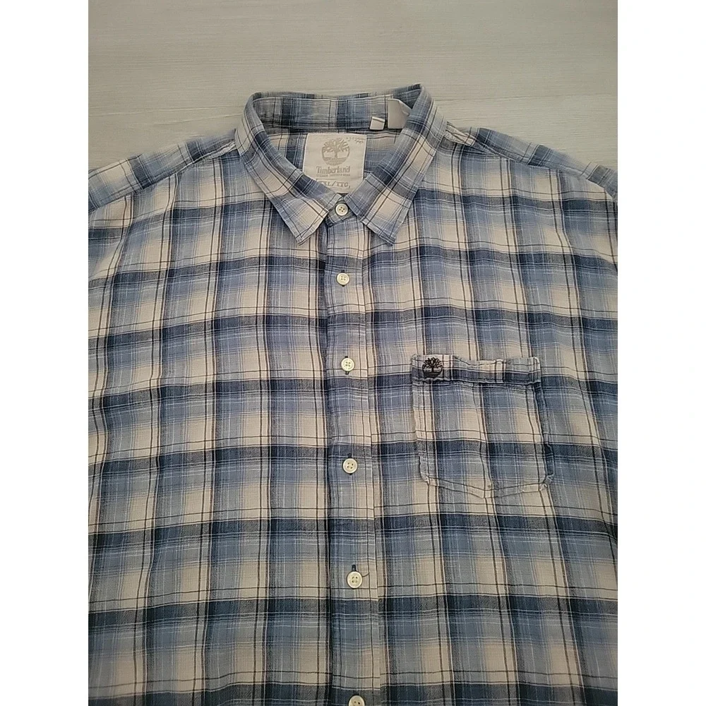 Timberland Shirt Mens Size 2XL Blue White Plaid Earthkeepers Short Sleeve Button